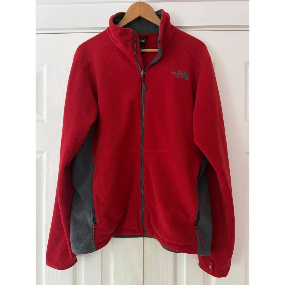 The North Face Mens Full Zip Fleece Jacket Red Grey Mock Neck Hiking Large